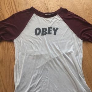 white and maroon obey tee shirt